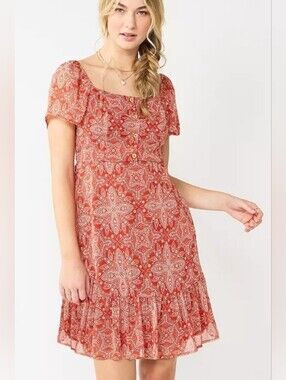 NWT, Spoiled Red Paisley Square-Neck Mini Dress.Size S